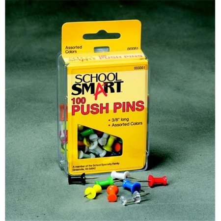 SCHOOL SMART School Smart 003351 Push Pin For Bulletin Boards; 0.37 In L; 0.5 In. Head; Plastic Head & Steel Point; Assorted Color; Pack Of 100 3351